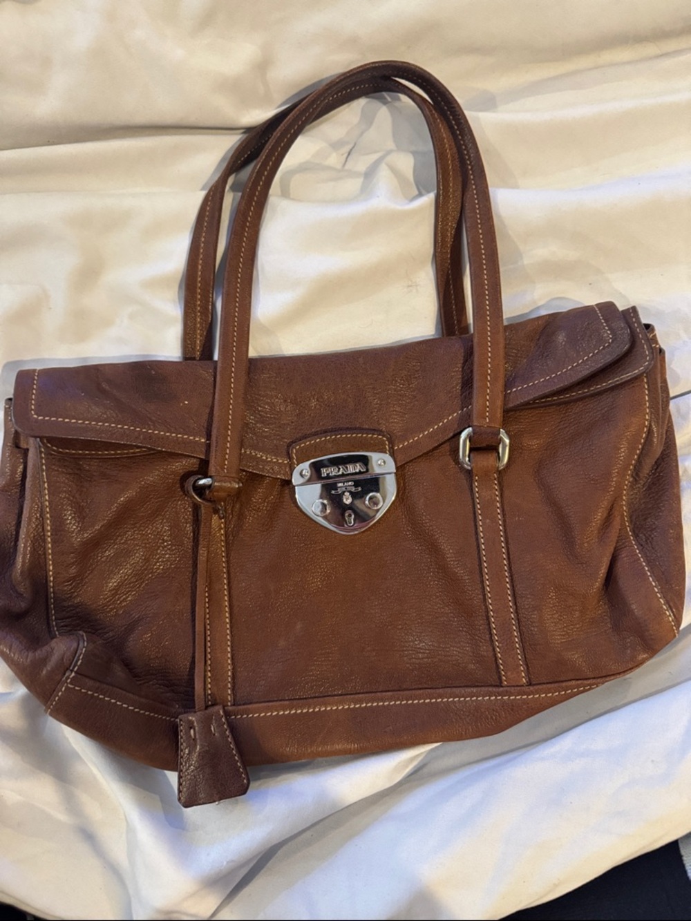 Prada Cognac Leather Tote with Silver Lock